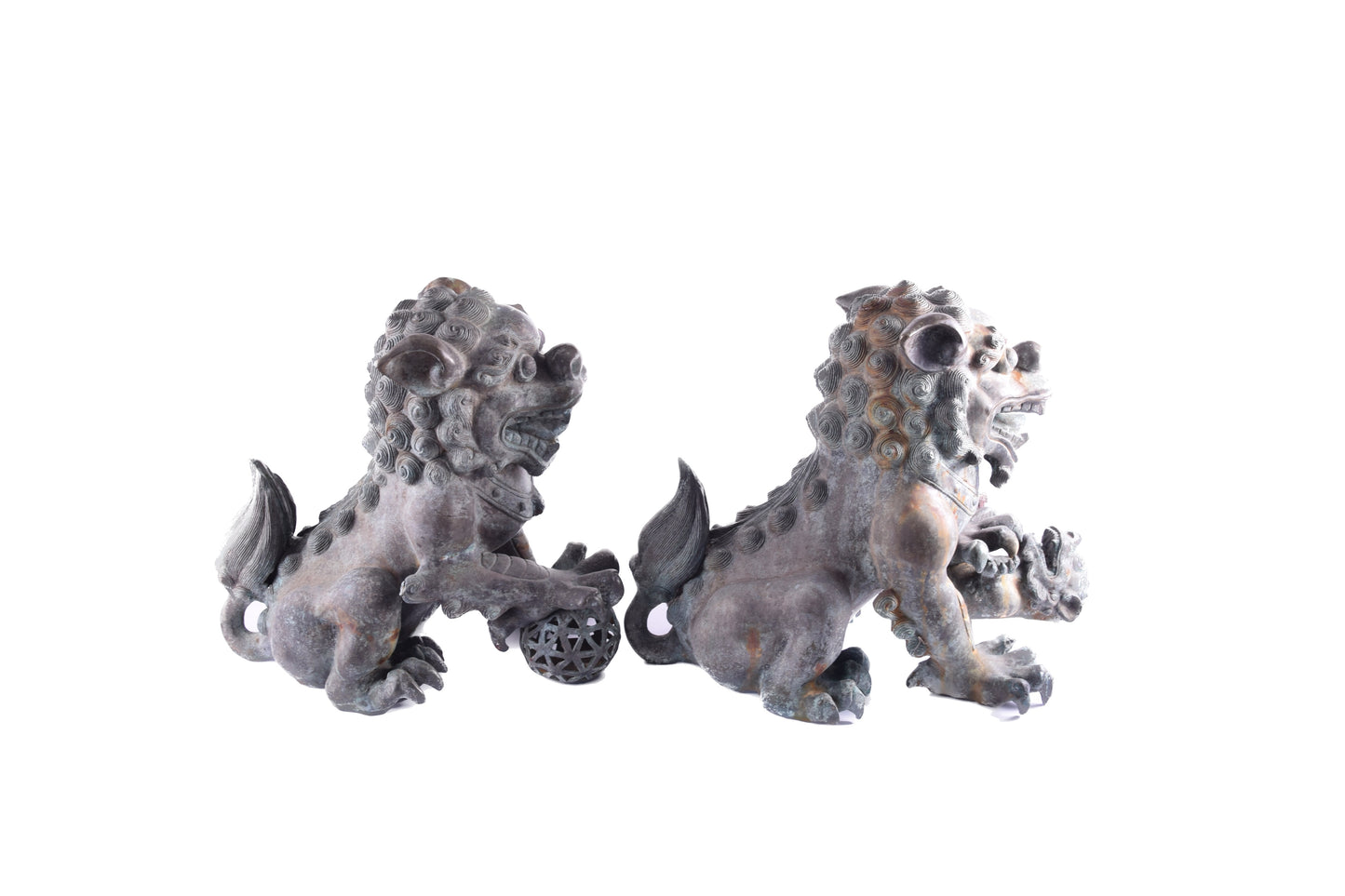 Monumentalne psy Foo brąz – Chiny dynastia Qing XIX / XX w 48x55x30 cm