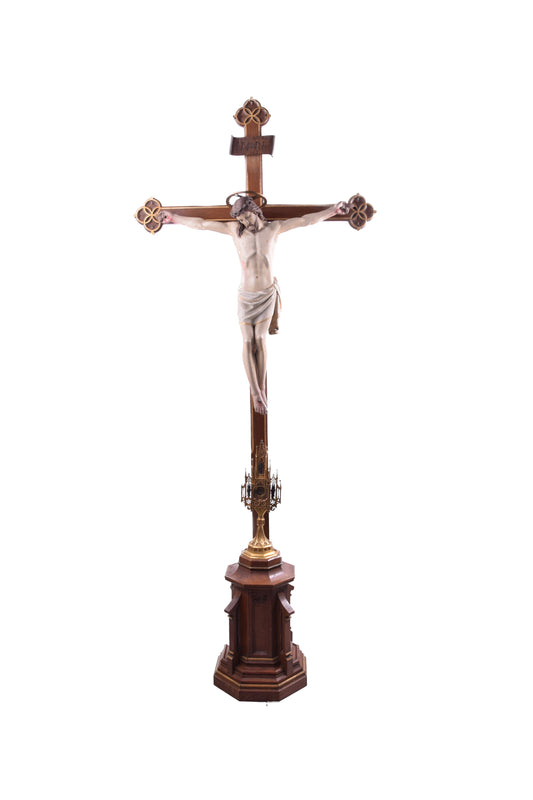 Monumentalny krzyż z relikwiarzem Mayer'sche Kunstanstalt 1860-80r 148cm