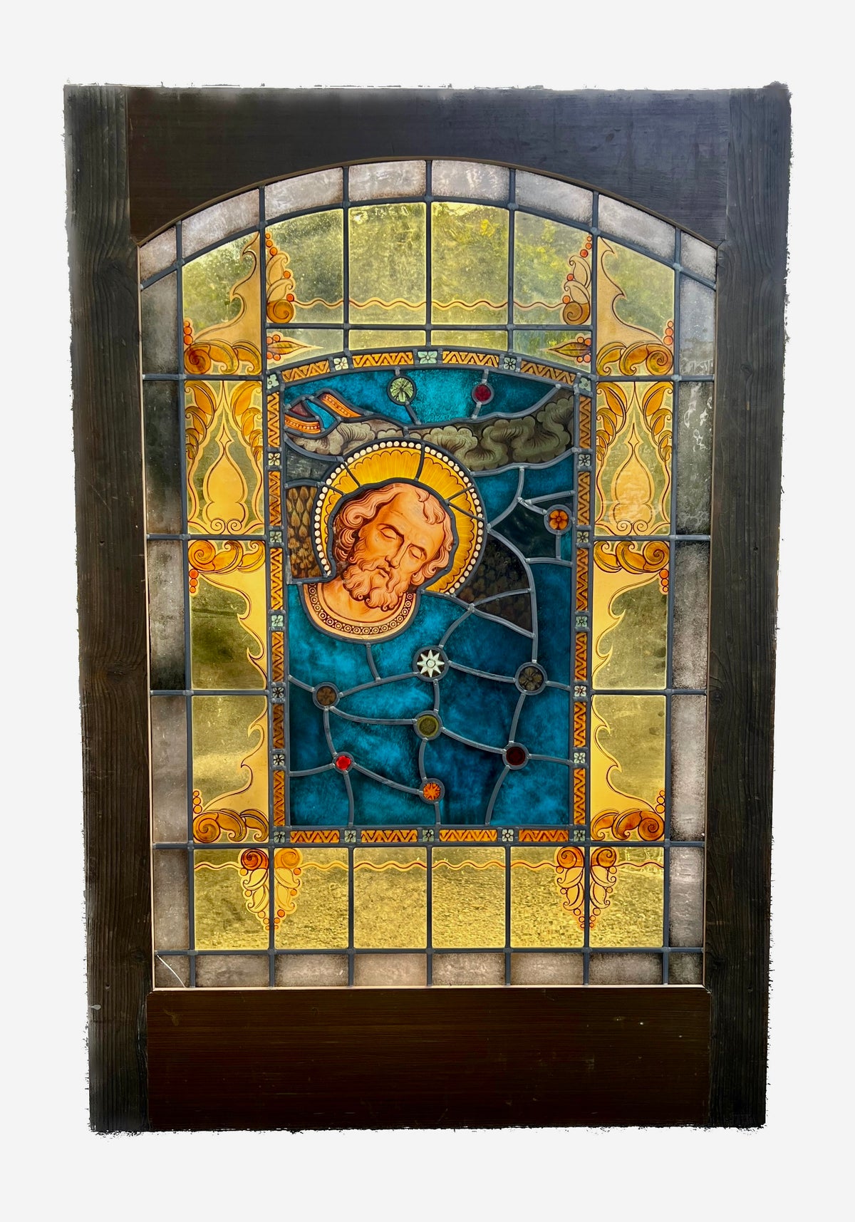 Duży witraż figuralny święty z nimbem malowane I p XXw 146x96(116x79) cm