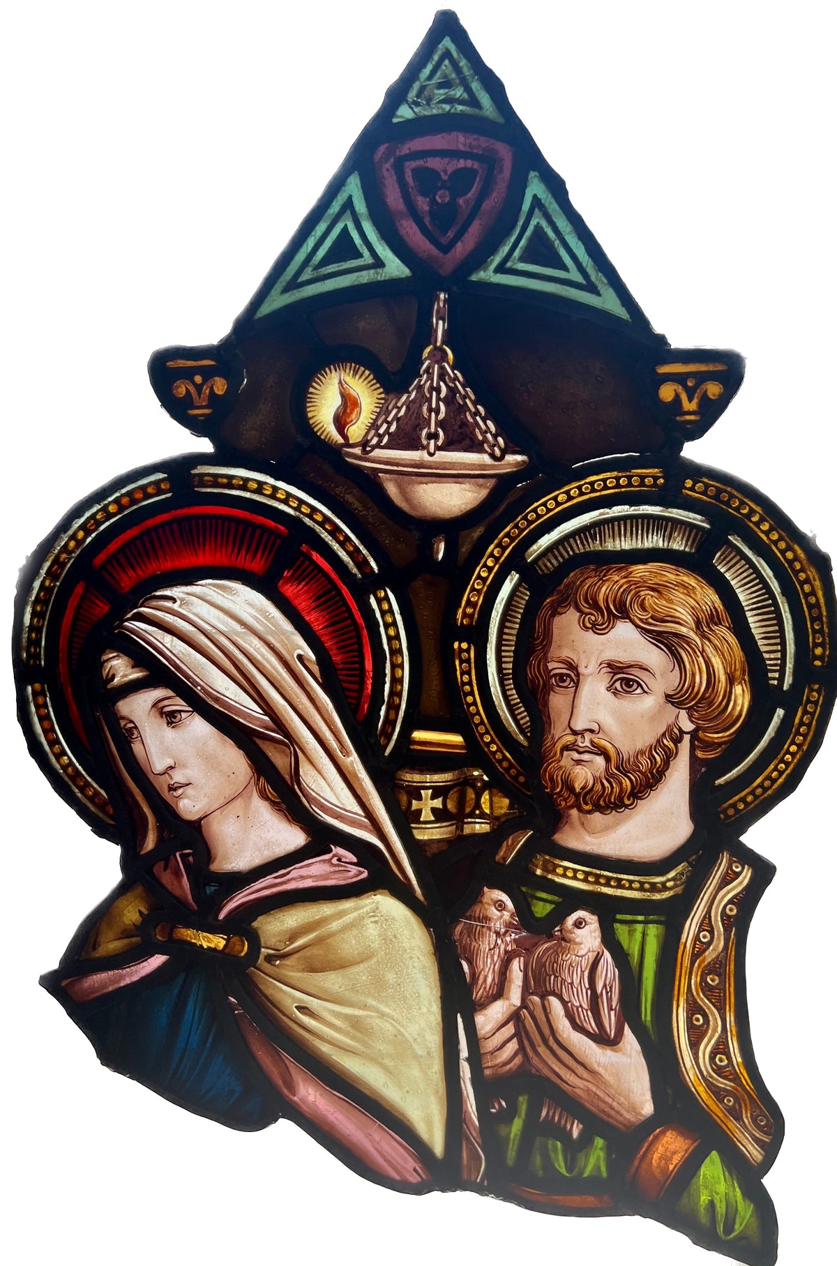 Zabytkowy witraż figuralny Maryja z Józefem ofiarowanie ok. 1900 r. – 60 × 43 cm