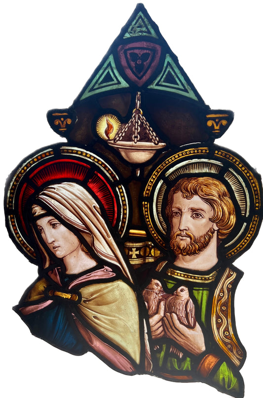 Zabytkowy witraż figuralny Maryja z Józefem ofiarowanie ok. 1900 r. – 60 × 43 cm