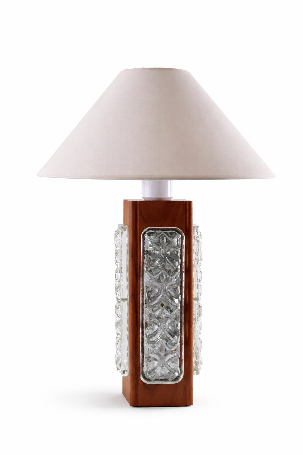 Skandynawska lampa stołowa teak & szkło strukturalne lata 60/70 48x35 cm