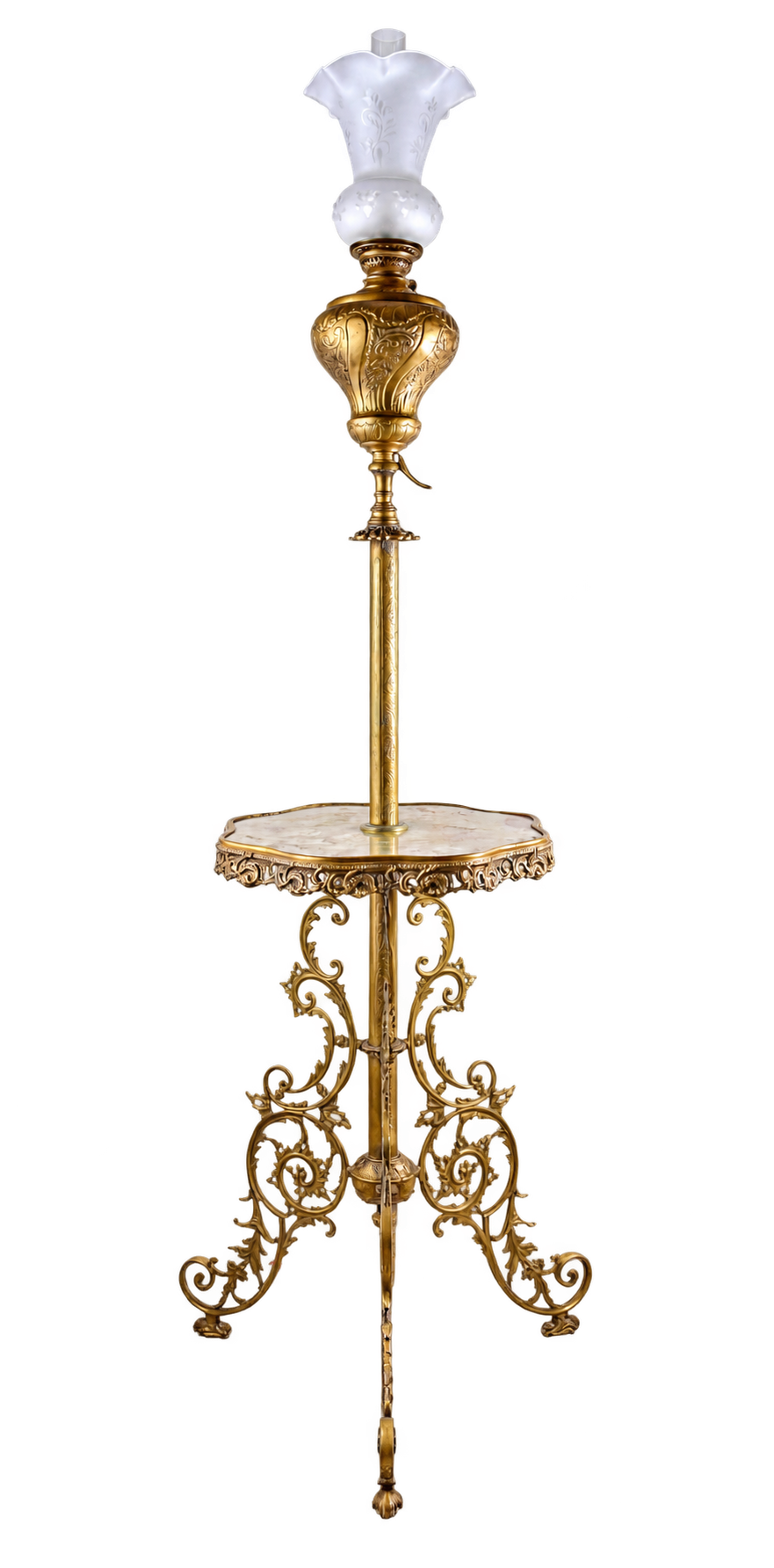 Lampa Naftowa Podłogowa ze Stolikiem z Zielonego Onyksu XIX/XX 165 cm