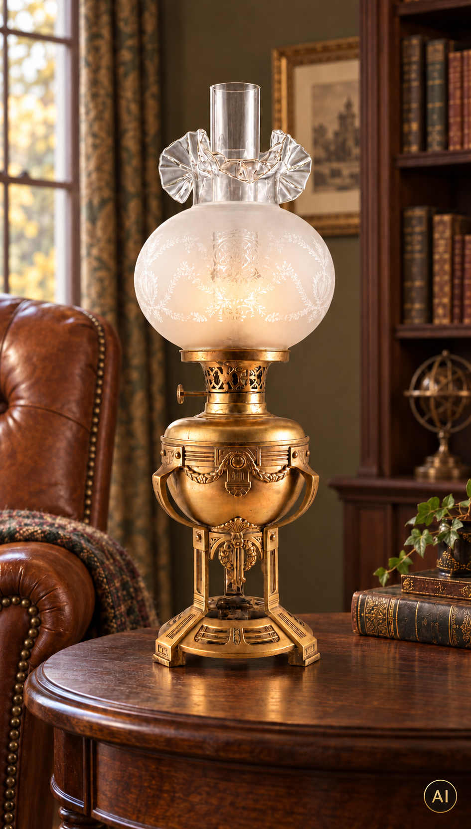 Lampa Naftowa EMPIRE XIXw Klosz MYŚLIWSKI Jeleń Pies 100% Oryginał 58x20 cm