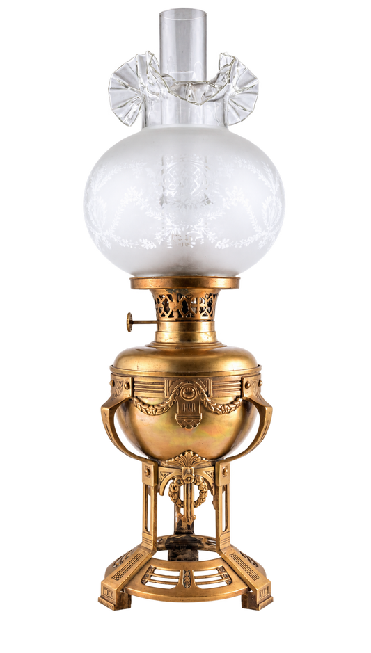 Lampa Naftowa EMPIRE XIXw Klosz MYŚLIWSKI Jeleń Pies 100% Oryginał 58x20 cm